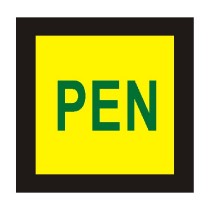 štítek "PEN" žlutý podklad, zelený text, černý tisk 2,5x2,5cm, samolepka