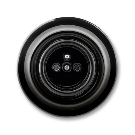 zásuvka DECENTO jednonásobná s ochranným kolíkem, s clonkami (typ 6619); černá / černá (porcelán) 6619K-C06357 N