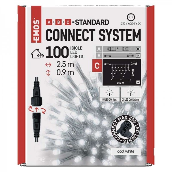 Standard LED spojovací řetěz blikající – rampouchy, 2,5 m, venkovní, studená bílá, časovač EMOS D1CC02
