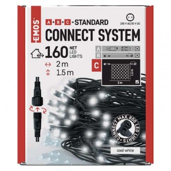 Standard LED spojovací vánoční řetěz – síť, 1,5x2 m, venkovní, studená bílá, časovač EMOS D1DC01