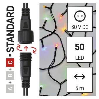 Standard LED spojovací vánoční řetěz, 5 m, venkovní i vnitřní, multicolor, časovač EMOS D1AM02