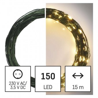 LED vánoční nano řetěz zelený, 15 m, venkovní i vnitřní, teplá bílá, časovač EMOS D3AW05