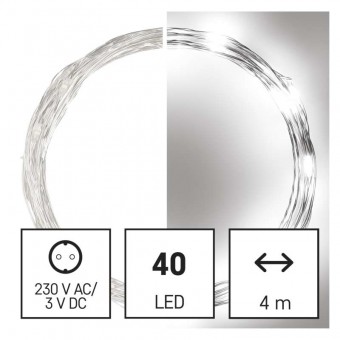 LED vánoční nano řetěz stříbrný, 4 m, venkovní i vnitřní, studená bílá, časovač EMOS D3AC02