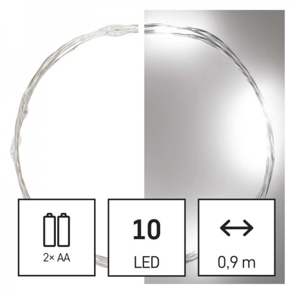 LED vánoční nano řetěz stříbrný, 0,9 m, 2x AA, vnitřní, studená bílá, časovač EMOS D3AC06