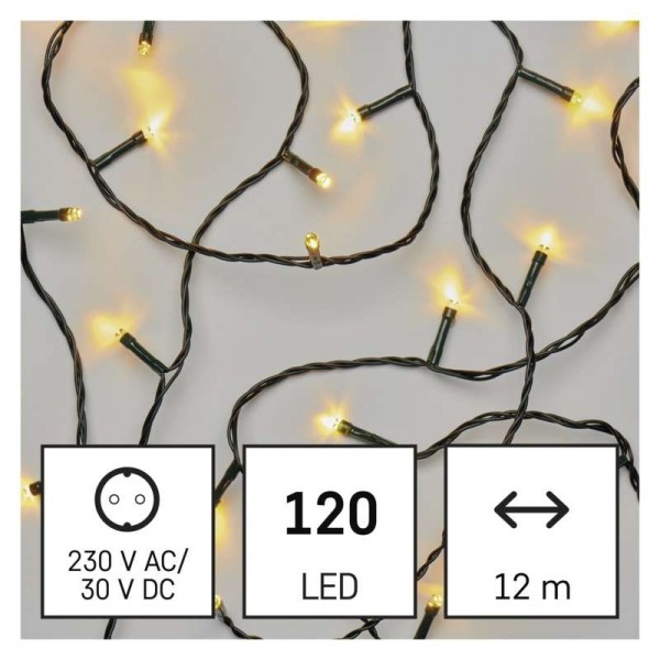 LED vánoční řetěz, 12 m, venkovní i vnitřní, teplá bílá, časovač EMOS D4AW03