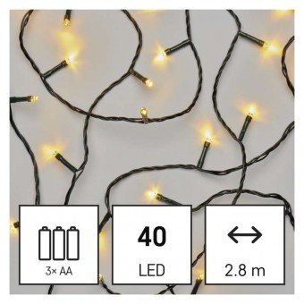 LED vánoční řetěz, 2,8 m, 3x AA, venkovní i vnitřní, teplá bílá, časovač EMOS D4FW01