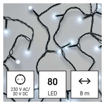LED vánoční cherry řetěz – kuličky, 8 m, venkovní i vnitřní, studená bílá, časovač EMOS D5AC02