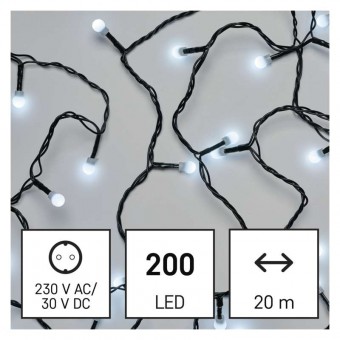 LED vánoční cherry řetěz – kuličky, 20 m, venkovní i vnitřní, studená bílá, časovač EMOS D5AC03