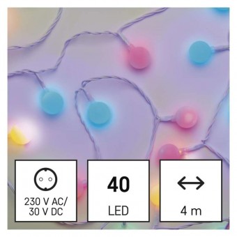 LED světelný cherry řetěz – kuličky 2,5 cm, 4 m, venkovní i vnitřní, multicolor, časovač EMOS D5AM01