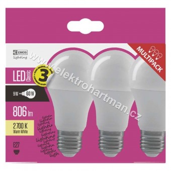 žárovka LED EMOS Classic A60 9W E27 teplá bílá, 806lm, 300°, balení 3ks  ZQ5140.3