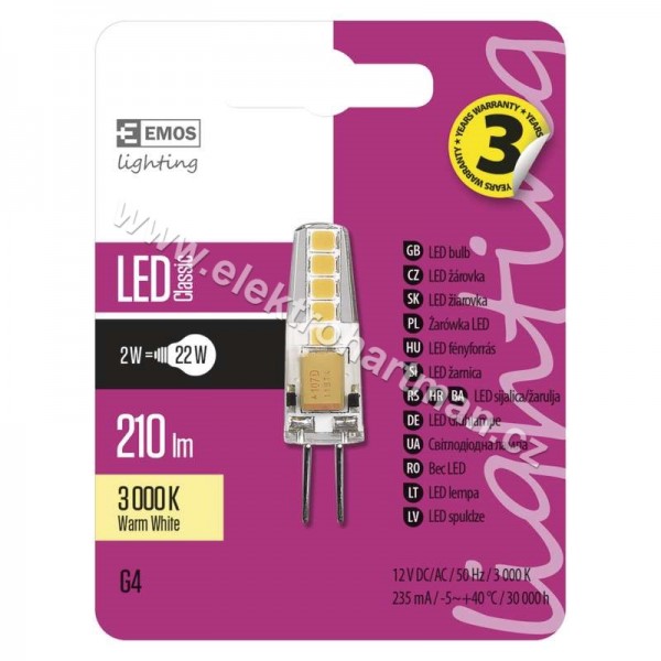 žárovka LED EMOS Classic JC 2W G4 teplá bílá ZQ8620