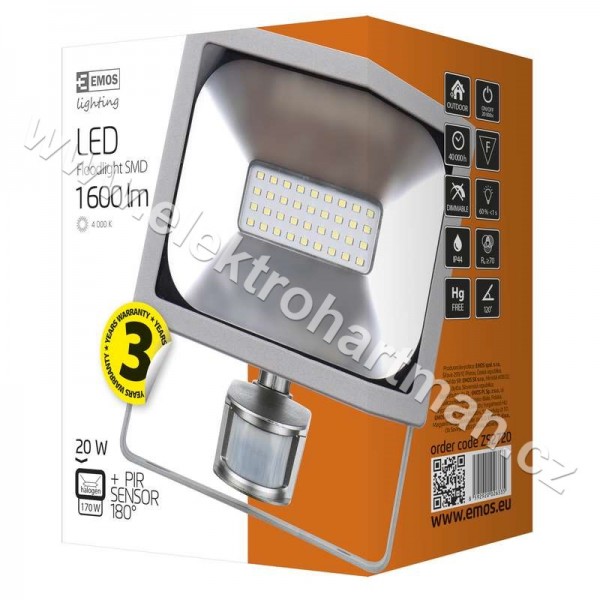 reflektor LED EMOS 20W PROFI PIR s čidlem 1600lm 4000K IP44 ZS2720***