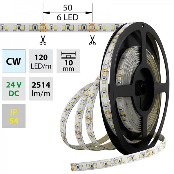 pásek LED SMD2835 CW, 120LED/M, 28,8W/M, 2514lm/m, IP54, DC 24V, 10mm ML-126.714.60.0