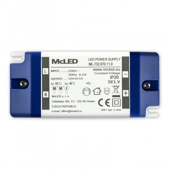zdroj napájecí pro LED pásky 12V DC 12W (1A) IP20 ML-732.070.11.0 plast. se svorkovnicí