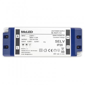 zdroj nápájecí pro LED pásky 12V DC 40W (3,3A) IP20 ML-732.071.11.0 plast. se svorkovnicí