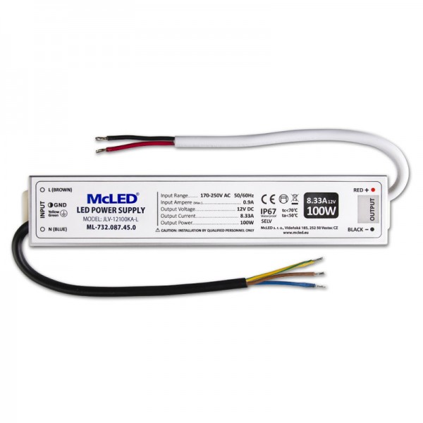 zdroj napájecí pro LED pásky 12V DC 100W (8,33A) IP67, hliník ML-732.087.45.0 ***