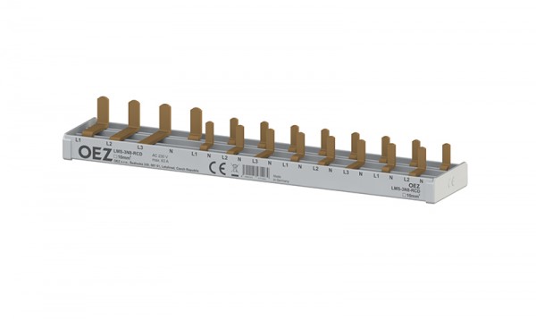 lišta propojovací 3+N pro přístroje 1+N v 1modulu, na přívodu 3+N proudový chránič LFE, počet vývodů 8, průřez 10 mm2, kolíky LMS-3N8-RCD /OEZ:46808/