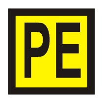 štítek "PE" žlutý podklad, černý tisk 2x2cm, samolepka