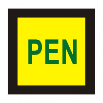 štítek "PEN" žlutý podklad, zelený text, černý tisk 2,5x2,5cm, samolepka