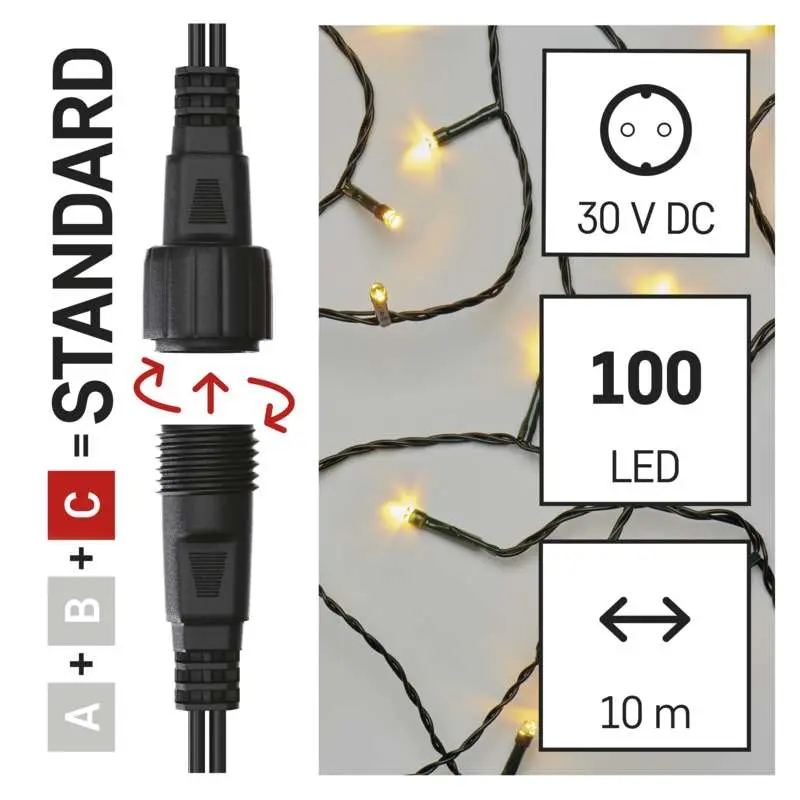 Standard LED spojovací vánoční řetěz, 10 m, venkovní i vnitřní, teplá bílá EMOS D1AW03