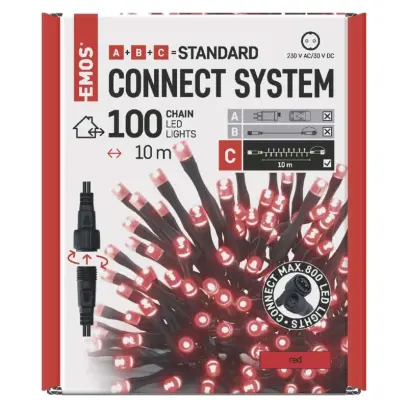 řetěz vánoční Standard LED spojovací, 10 m, venkovní i vnitřní, červená, časovač EMOS D1AR01