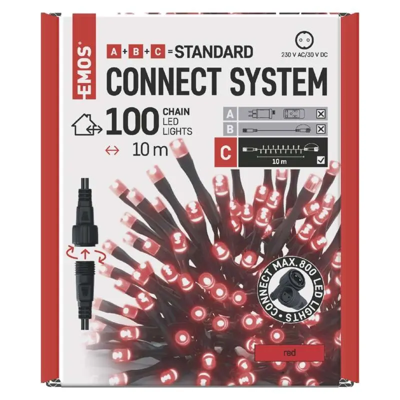 řetěz vánoční Standard LED spojovací, 10 m, venkovní i vnitřní, červená, časovač EMOS D1AR01