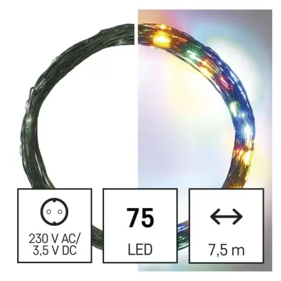 řetěz LED vánoční nano zelený, 7,5 m, venkovní i vnitřní, multicolor, časovač EMOS D3AM02