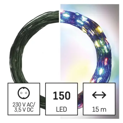 řetěz LED vánoční nano zelený, 15 m, venkovní i vnitřní, multicolor, časovač EMOS D3AM03