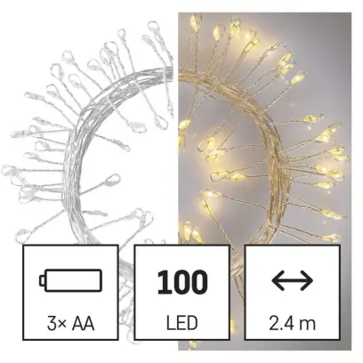 řetěz LED vánoční nano – ježek, 2,4 m, 3x AA, vnitřní, teplá bílá, časovač EMOS D3FW01