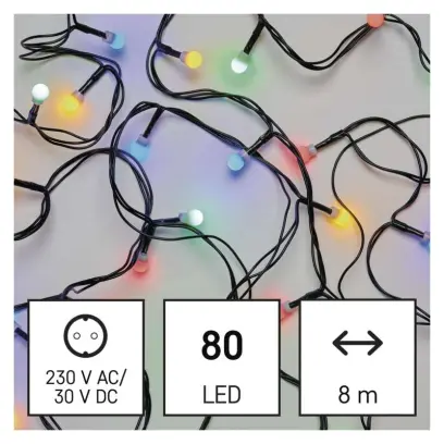 řetěz LED vánoční cherry řetěz – kuličky, 8 m, venkovní i vnitřní, multicolor, programy EMOS D5AM05