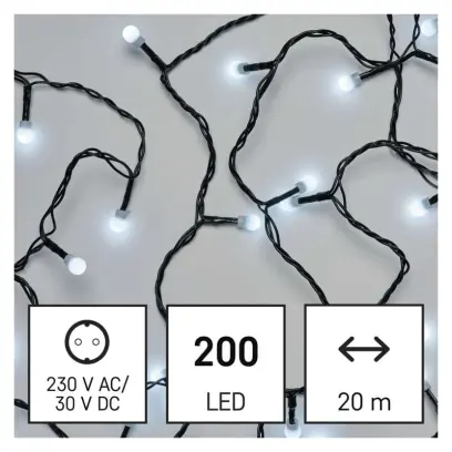 řetěz LED vánoční cherry řetěz – kuličky, 20 m, venkovní i vnitřní, studená bílá, časovač EMOS D5AC03