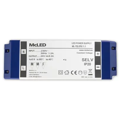 zdroj napájecí pro LED pásky 200W, DC24V/8,3A, IP20 ML-732.076.11.1 plast. se svorkovnicí