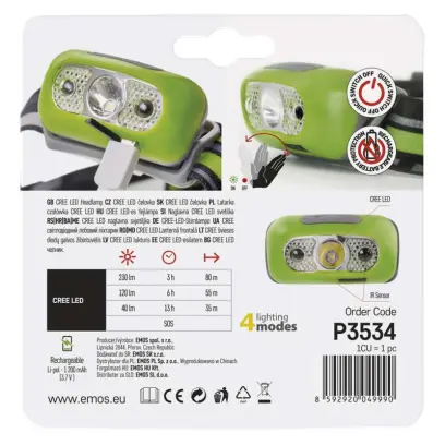 čelovka nabíjecí CREE LED 230lm, Li-Pol 1200mAh, EMOS P3534