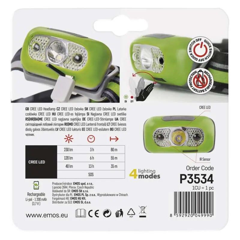 čelovka nabíjecí CREE LED 230lm, Li-Pol 1200mAh, EMOS P3534