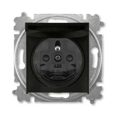 zásuvka jednonásobná s ochranným kolíkem, s clonkami, s víčkem (typ 6619); onyx / kouřová černá 6619H-A06397 63, design LEVIT M