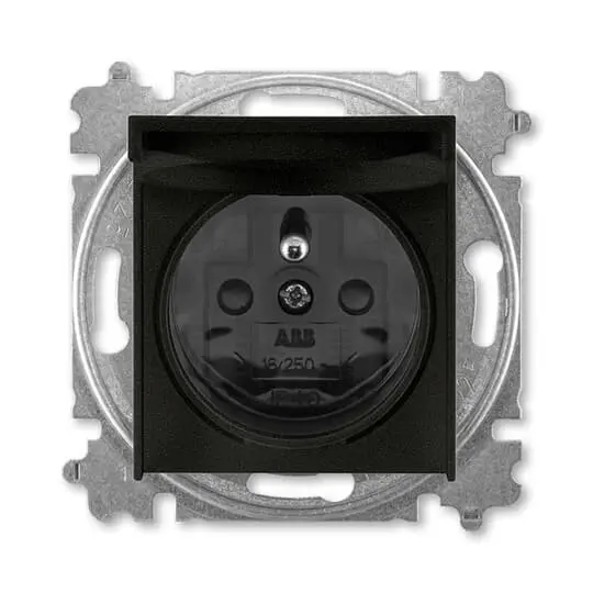 zásuvka jednonásobná s ochranným kolíkem, s clonkami, s víčkem (typ 6619); onyx / kouřová černá 6619H-A06397 63, design LEVIT M