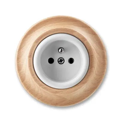 zásuvka DECENTO jednonásobná s ochranným kolíkem (typ 6619); bílá (porcelán) / přírodní buk 6619K-C06347 50