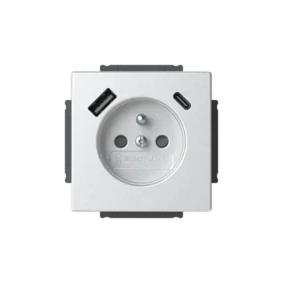 zásuvka 1násobná s kolíkem, s clonkami, s nabíjením USB-A, USB-C; hliníková stříbrná; 20 MUCB2USB-A-83-500 2CKA002017A1915, design FUTURE LINEAR