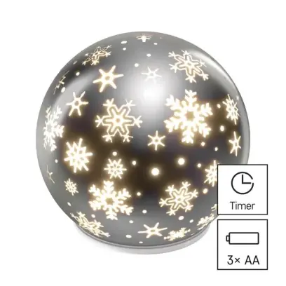 dekorace LED vánoční skleněná koule – vločky, 12 cm, 3x AA, vnitřní, teplá bílá, časovač EMOS DCLW28