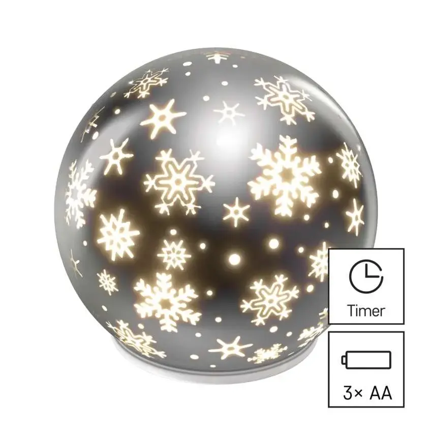 dekorace LED vánoční skleněná koule – vločky, 12 cm, 3x AA, vnitřní, teplá bílá, časovač EMOS DCLW28