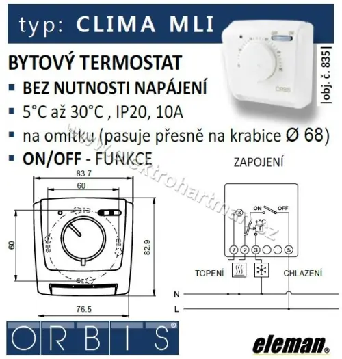 termostat CLIMA MLI mechanický,ON/OFF vypínač
