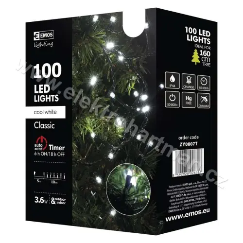 řetěz vánoční 100 LED 10M studená bílá, časovač IP44 EMOS ZY0807T