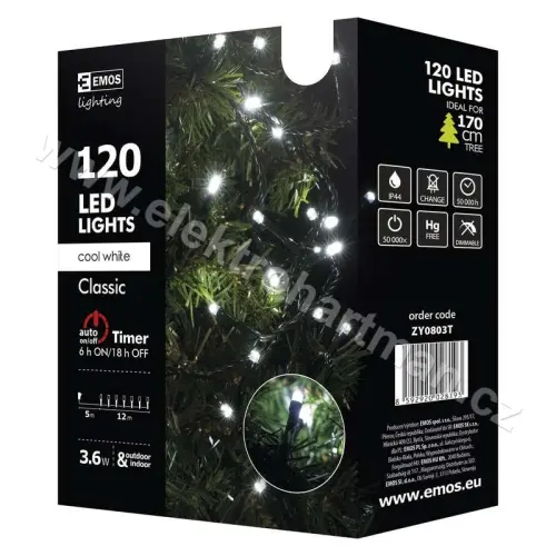 řetěz vánoční 120 LED 12M studená bílá, časovač IP44 EMOS ZY0803T