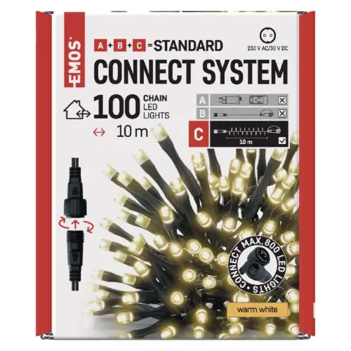 Standard LED spojovací vánoční řetěz, 10 m, venkovní i vnitřní, teplá bílá EMOS D1AW03