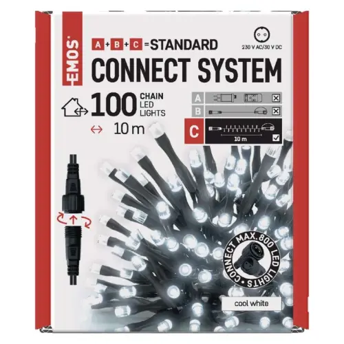 Standard LED spojovací vánoční řetěz, 10 m, venkovní i vnitřní, studená bílá, časovač EMOS D1AC03