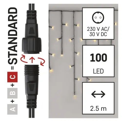 Standard LED spojovací vánoční řetěz – rampouchy, 2,5 m, venkovní, teplá bílá EMOS D1CW01