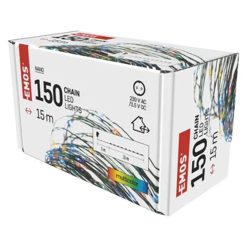 řetěz LED vánoční nano zelený, 15 m, venkovní i vnitřní, multicolor, časovač EMOS D3AM03