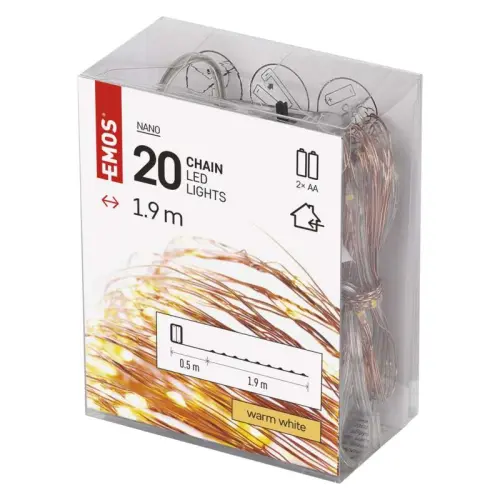 LED vánoční nano řetěz, 1,9 m, 2x AA, vnitřní, teplá bílá, časovač EMOS D3AW07