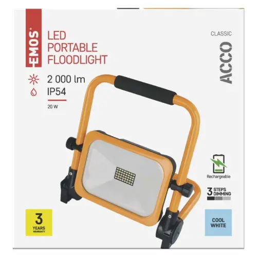 reflektor LED EMOS ACCO nabíjecí přenosný AKU 20W 2000lm 6500K IP54 doba 3-10 hod ZS2822