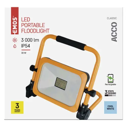 reflektor LED EMOS ACCO nabíjecí přenosný AKU 30W 3000lm 6500K IP54 doba 3-10 hod ZS2832